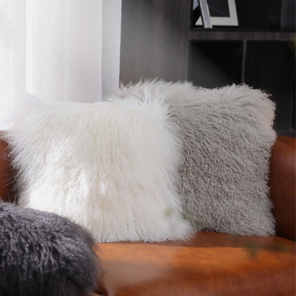 CB2 Set of 2 Mongolian Tibetan Sheepskin Fur Pillowcase Curly Cushion Cover